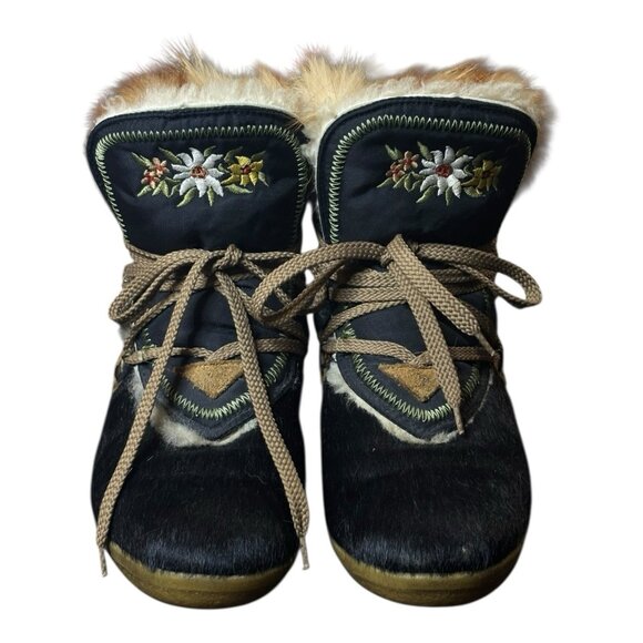 Vintage Tecnica Goat Fur Embroidered Floral Boots Black /  Brown Women's Size 38 - Picture 1 of 9